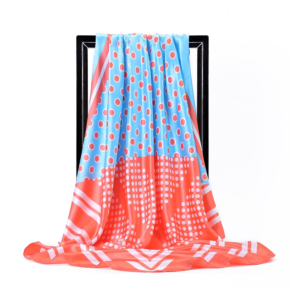 Turquoise and coral red color block polka dot satin scarf