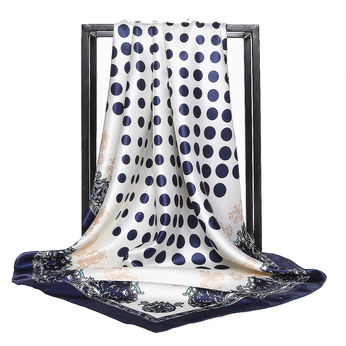 Cream and navy polka dot satin scarf with decorative border