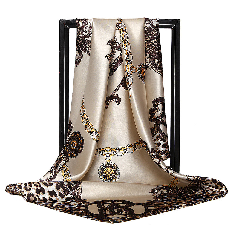 Beige leopard and baroque chain satin square scarf