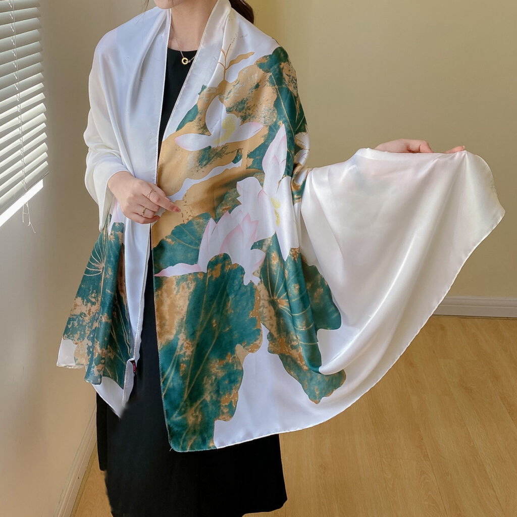 UPF 35 simulated silk scarf pattern detail