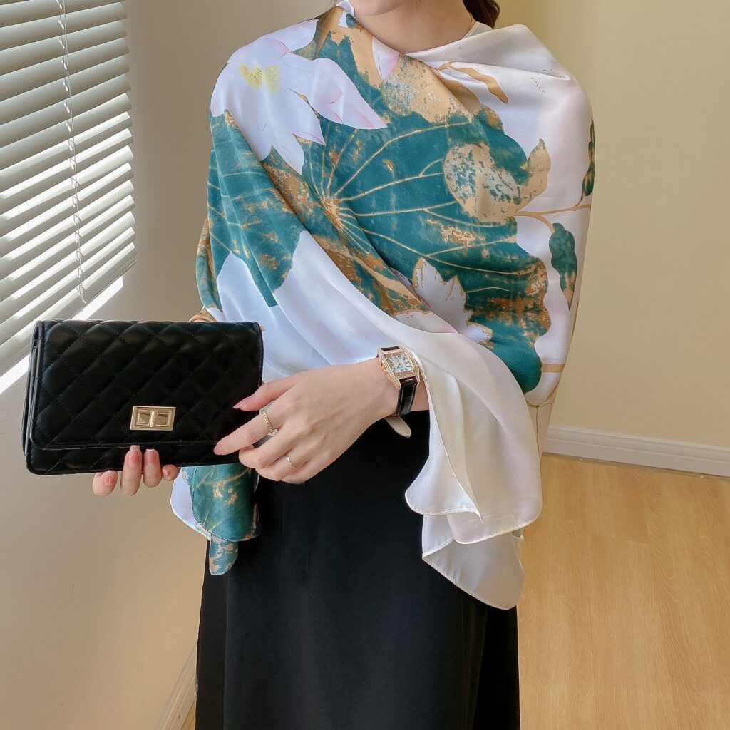 Gardenia brocade UPF 35 simulated silk scarf