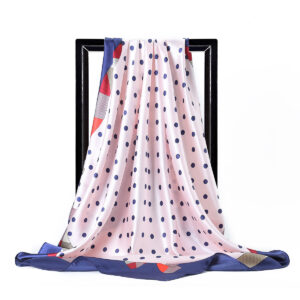 Blush pink and navy blue polka dot satin square scarf
