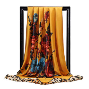 Ochre yellow floral satin square scarf