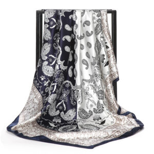 Cream and navy floral satin square scarf