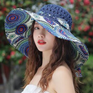 2026 Summer Large Brim Sun Hat for Women, UPF 50+ UV Protection Ethnic Straw Hat, Foldable Windproof Beach Bucket Hat, Breathable Boho Sun Cap for Vacation Travel Outdoor Daily