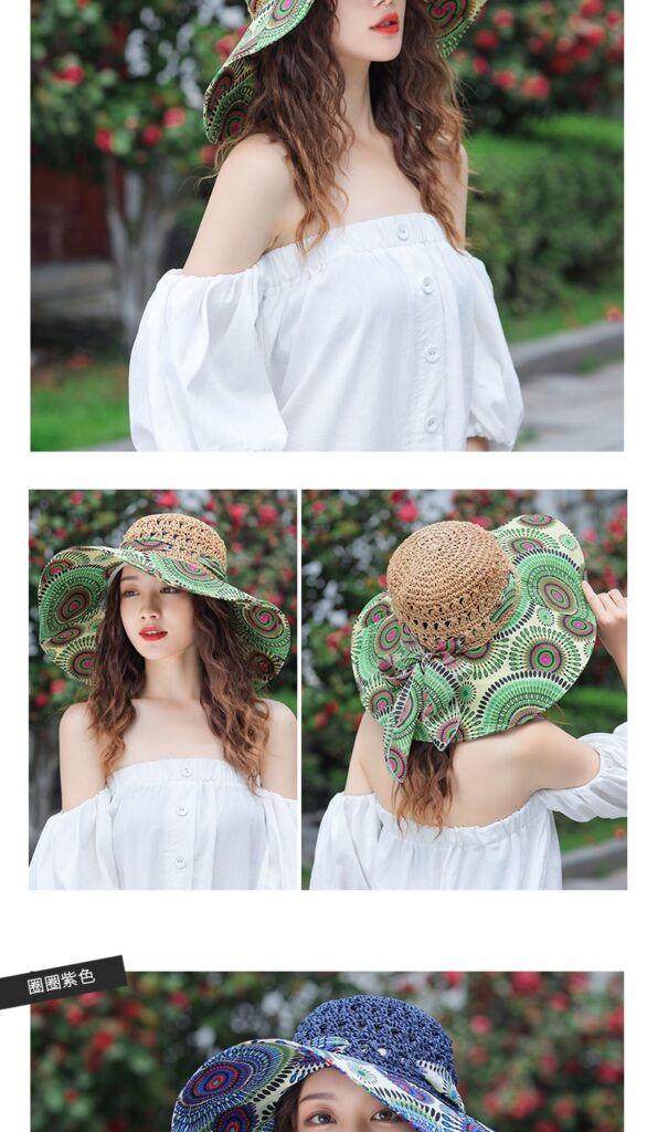 Colorful ethnic pattern on wide brim sun hat