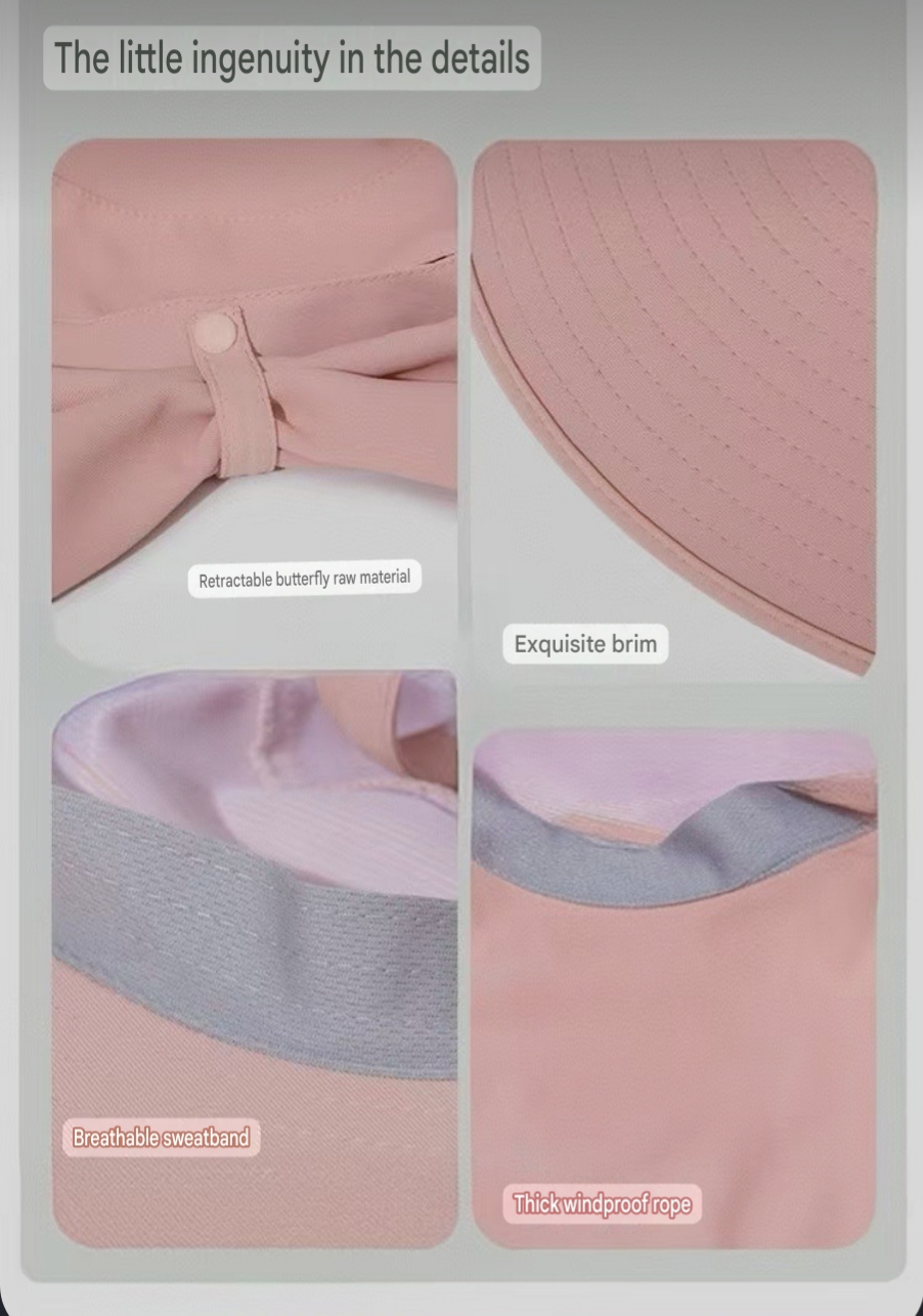 Sun hat fabric, brim and adjustable detail close-ups