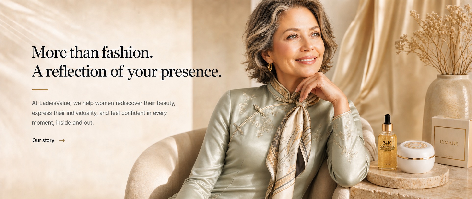 An elegant, confident woman in a pale sage green qipao and silk scarf beside LadiesValue skincare, with the message More than fashion, a reflection of your presence