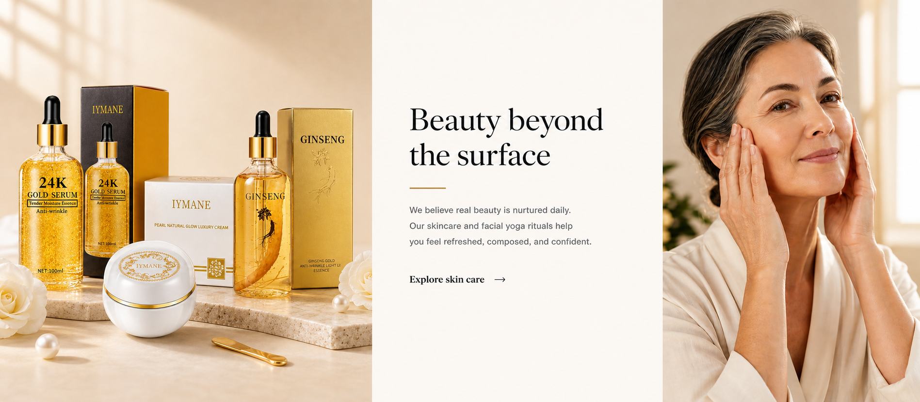 LadiesValue skincare collection, Beauty beyond the surface, and a woman practicing a gentle facial care ritual