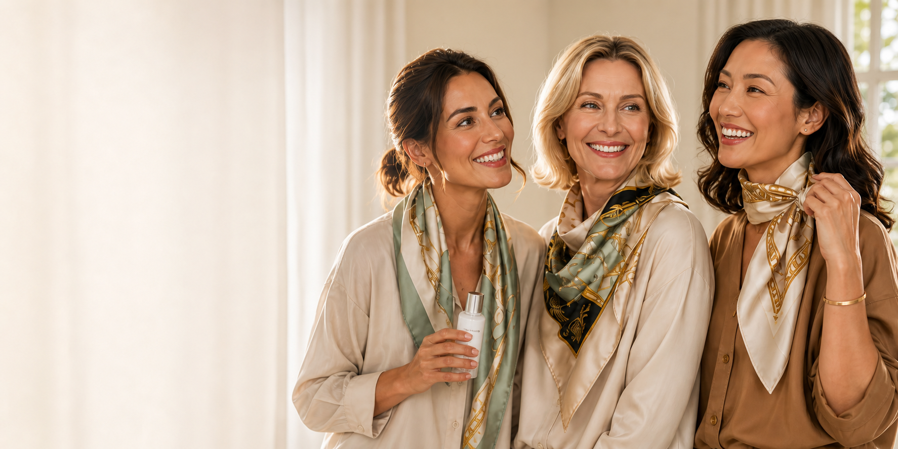 Three confident women wearing elegant silk scarves